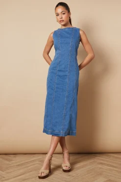 Robe Maxi en Denim Sans Manches avec Détails de Coutures