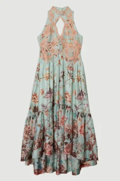 Robe Maxi en Dentelle à Appliqué Floral