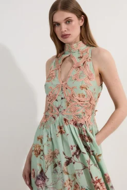 Robe Maxi en Dentelle à Appliqué Floral