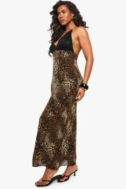 Robe maxi en dentelle léopard à fines bretelles