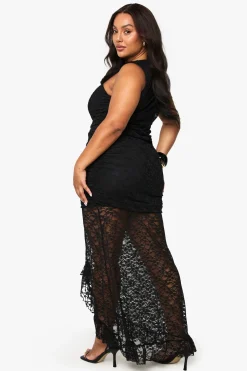 Robe Maxi en Dentelle pour Grandes Tailles à Ourlet Tombant et Fronces