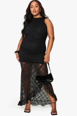 Robe Maxi en Dentelle pour Grandes Tailles à Ourlet Tombant et Fronces