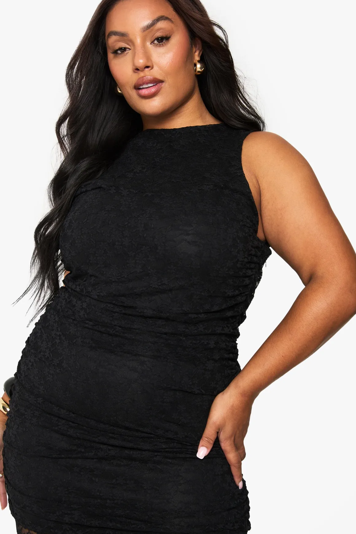 Robe Maxi en Dentelle pour Grandes Tailles à Ourlet Tombant et Fronces