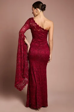 Robe Maxi en Dentelle à Une Épaule avec Détail Cape