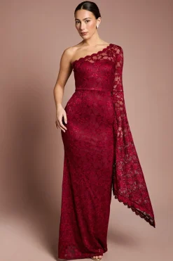 Robe Maxi en Dentelle à Une Épaule avec Détail Cape