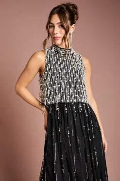 Robe Maxi en Georgette avec Superposition de Perles