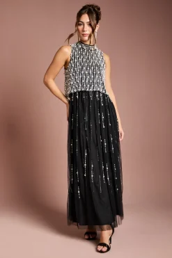 Robe Maxi en Georgette avec Superposition de Perles
