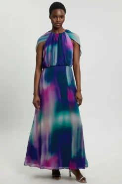 KarenMillen Robe Maxi En Georgette Crêpée À Imprimé Flou Et Cape<Femme Toutes Les Robes|Robes Longues