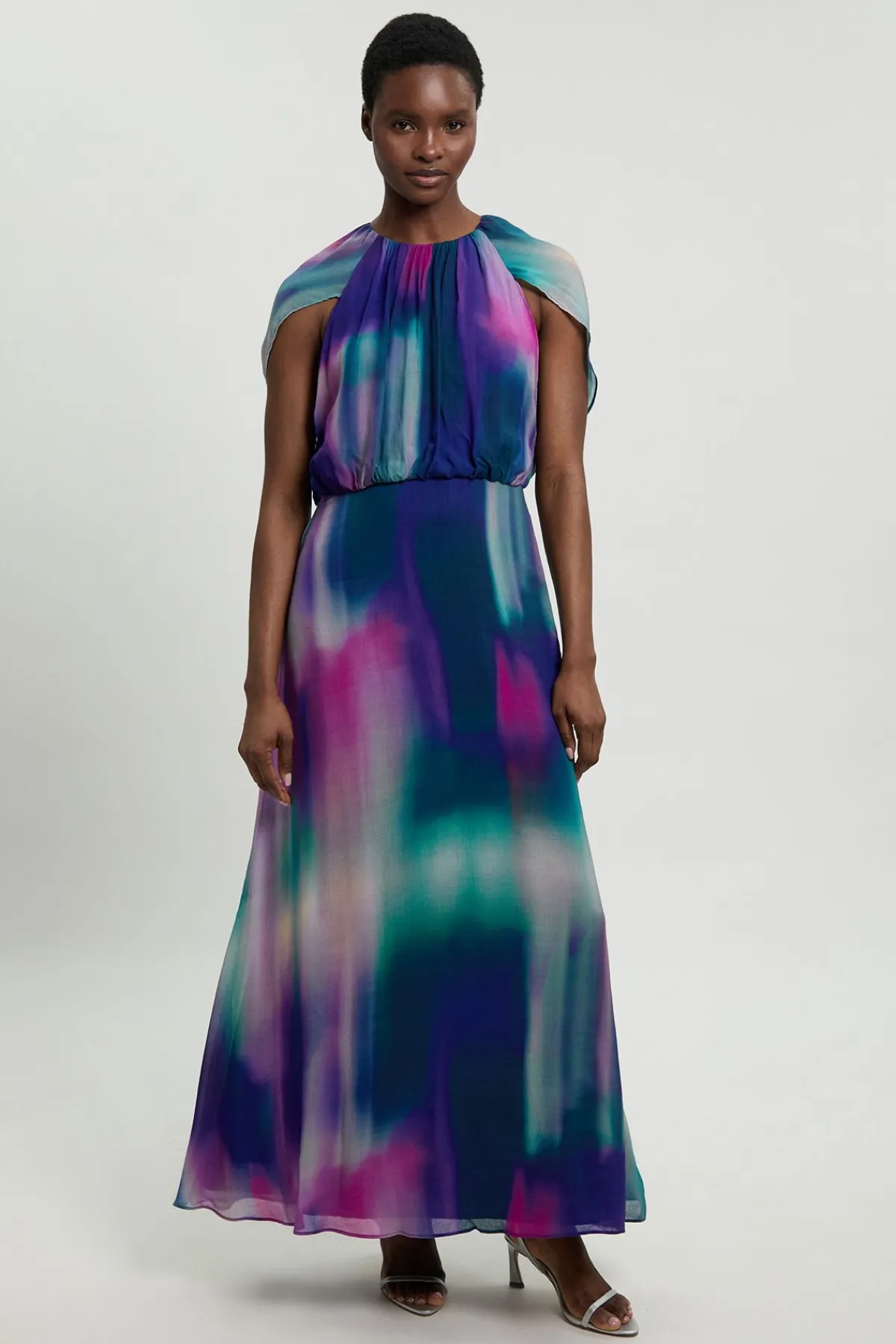 KarenMillen Robe Maxi En Georgette Crêpée À Imprimé Flou Et Cape<Femme Toutes Les Robes|Robes Longues
