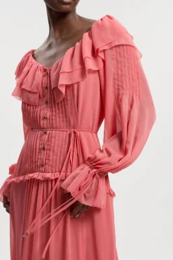 KarenMillen Robe Maxi en Georgette Froissée Tissée à Volants Devant<Femme Robes À Manches Longues|Robes