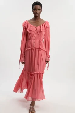 KarenMillen Robe Maxi en Georgette Froissée Tissée à Volants Devant<Femme Robes À Manches Longues|Robes
