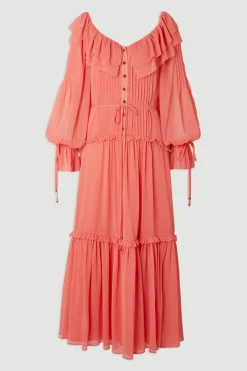 KarenMillen Robe Maxi en Georgette Froissée Tissée à Volants Devant<Femme Robes À Manches Longues|Robes