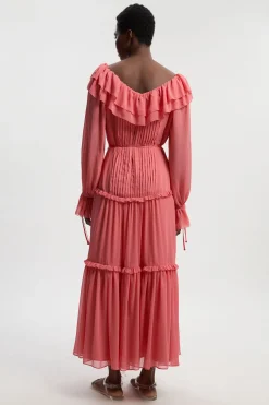 KarenMillen Robe Maxi en Georgette Froissée Tissée à Volants Devant<Femme Robes À Manches Longues|Robes