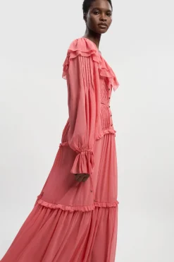 KarenMillen Robe Maxi en Georgette Froissée Tissée à Volants Devant<Femme Robes À Manches Longues|Robes