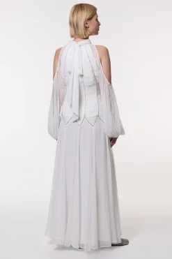 Robe maxi en georgette tissée avec finition ruched, embellie et col montant élevé