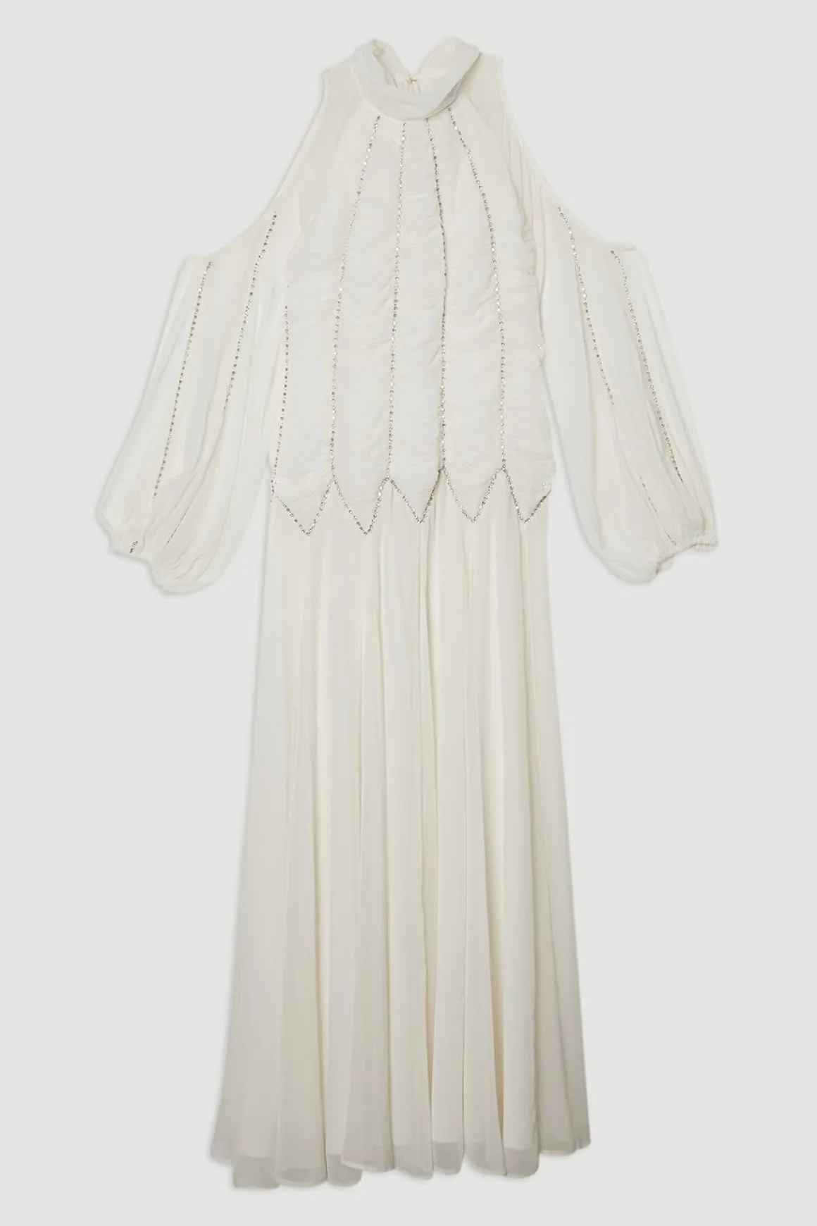 Robe maxi en georgette tissée avec finition ruched, embellie et col montant élevé