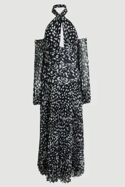 Robe Maxi En Georgette Tissée Froissée À Pois Avec Épaules Dénudées