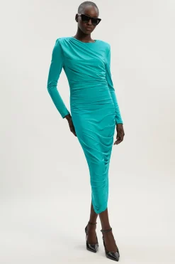 Robe maxi en jersey crêpe à manches longues et froncée