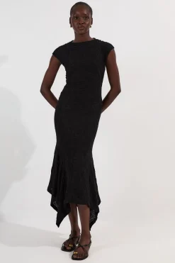 Robe Maxi en Jersey à Manches Courtes avec Ourlet Mouchoir Texturé et Détails de Finition