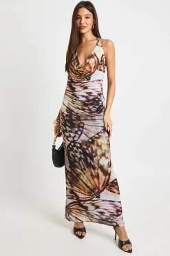 boohoo Robe maxi en maille abstraite à encolure drapée<Femme Robes|Robes De Soirée Chic