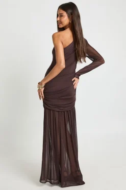 boohoo ROBE MAXI EN MAILLE À UNE ÉPAULE FRONCÉE<Femme Looks Chocolat|Robes À Manches Longues