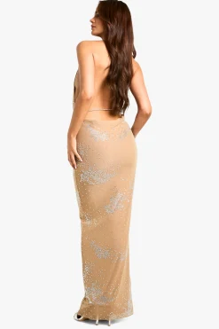 Robe Maxi en Mesh Diamante Premium à Encolure Cascade