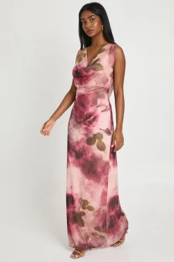 boohoo Robe Maxi En Mesh À Encolure Drapée Et Imprimé Floral Flou<Femme Robes|Robe Invitée Mariage