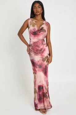 boohoo Robe Maxi En Mesh À Encolure Drapée Et Imprimé Floral Flou<Femme Robes|Robe Invitée Mariage