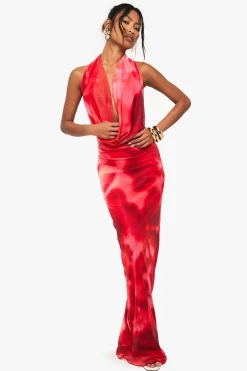 Robe maxi en mesh à encolure halter florale