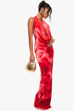 Robe maxi en mesh à encolure halter florale