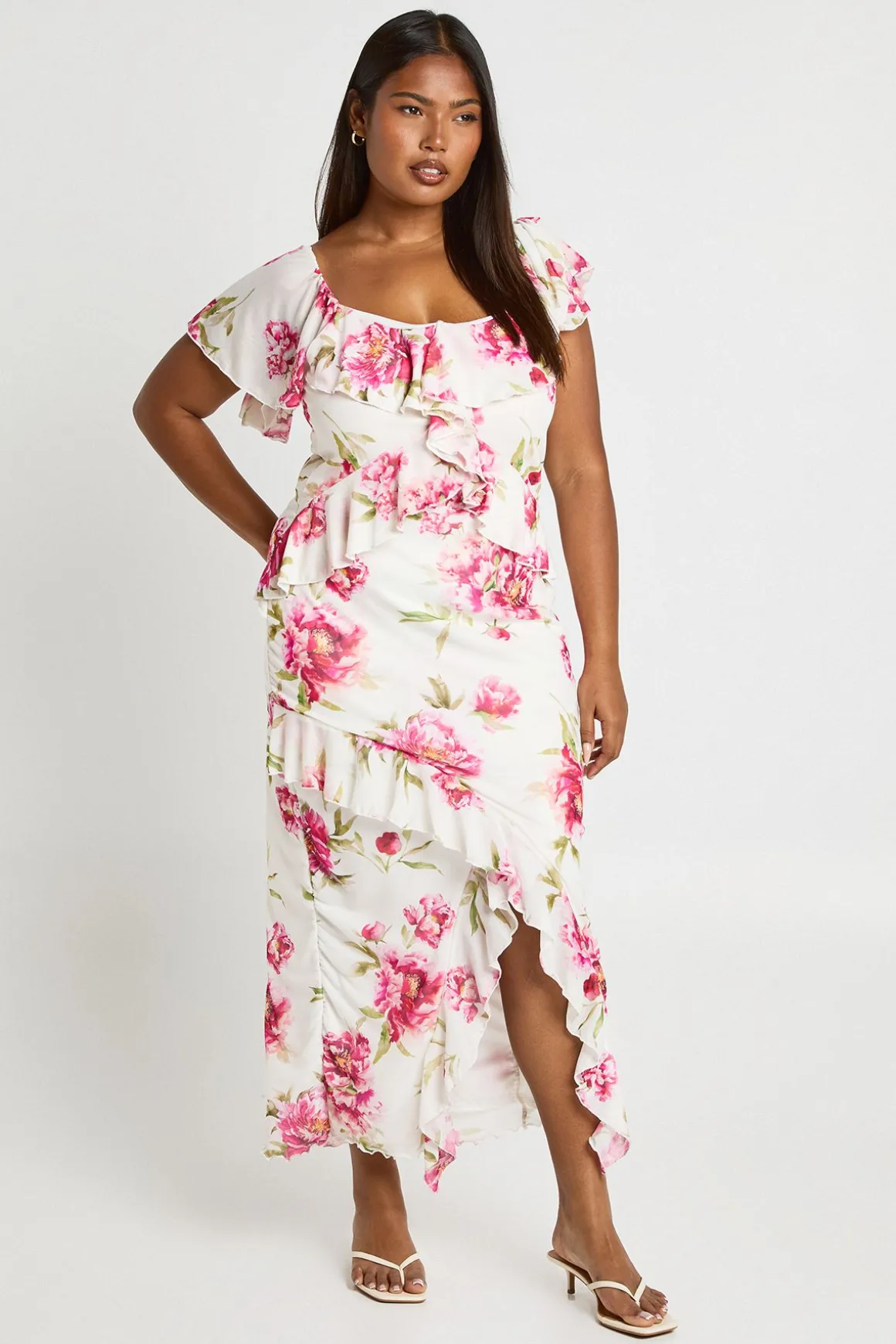 Robe maxi en mesh floral avec détail volant Plus