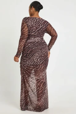 Robe Maxi En Mesh Froncé Imprimé Léopard Grande Taille