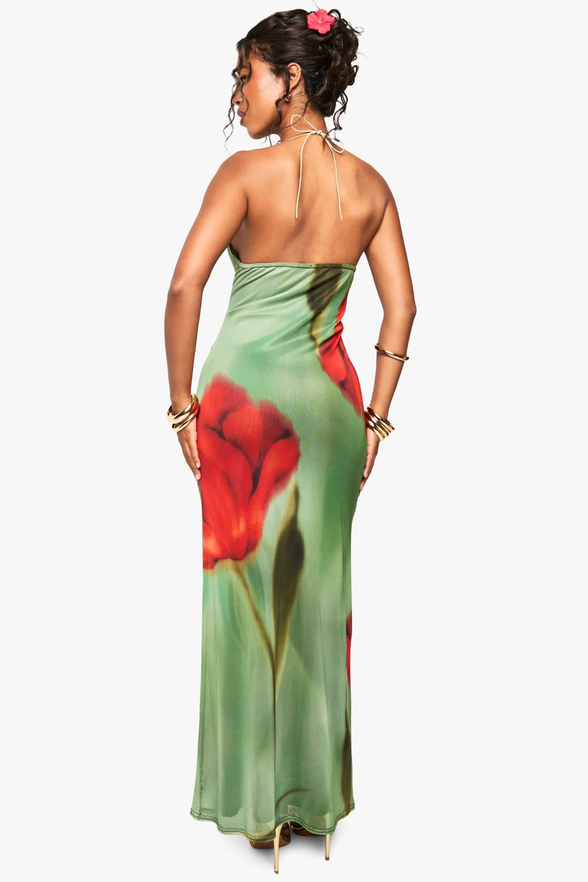 Robe maxi en mesh à imprimé floral et encolure drapée