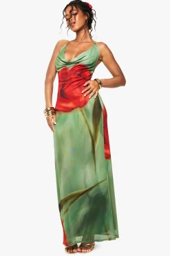 Robe maxi en mesh à imprimé floral et encolure drapée