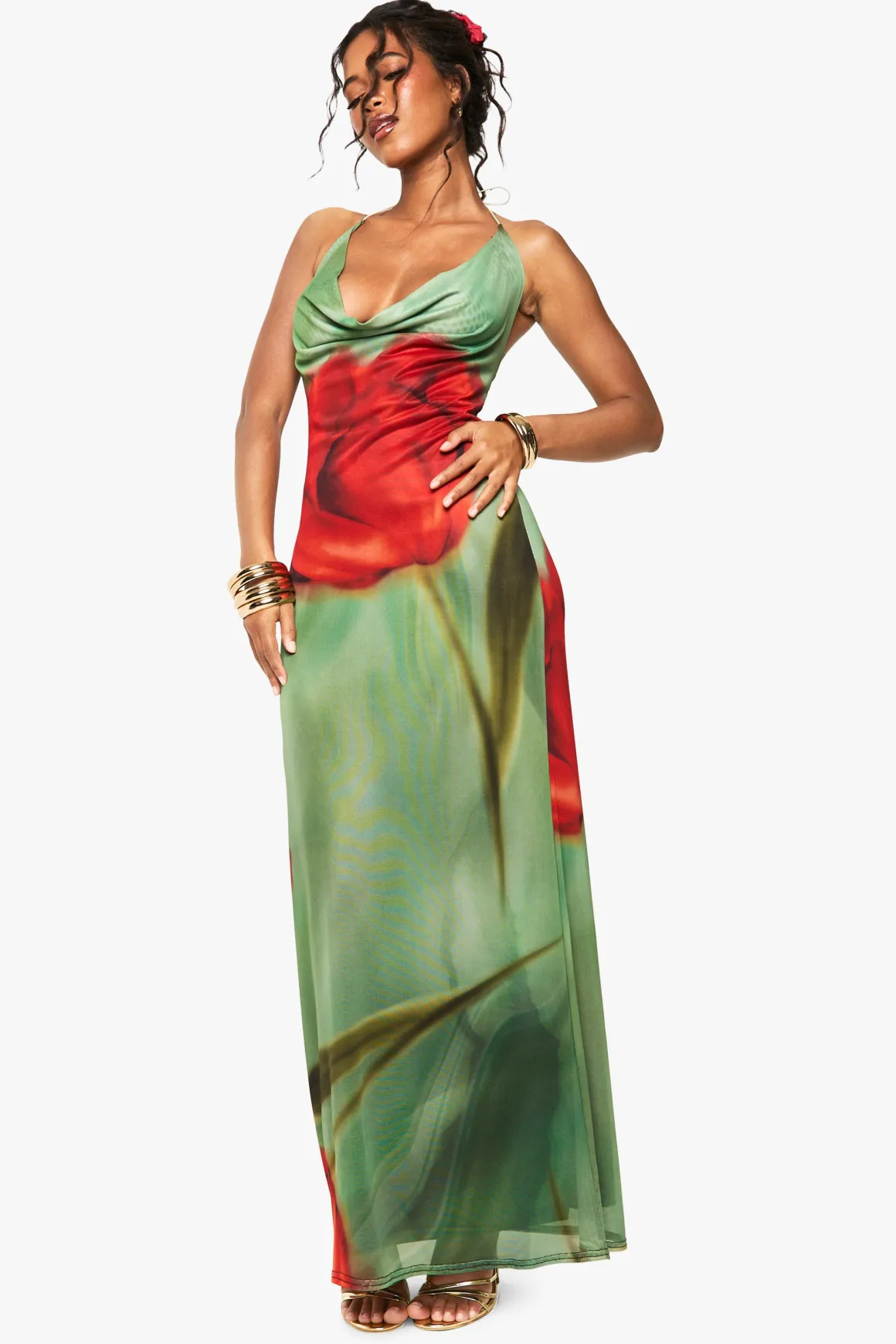 Robe maxi en mesh à imprimé floral et encolure drapée