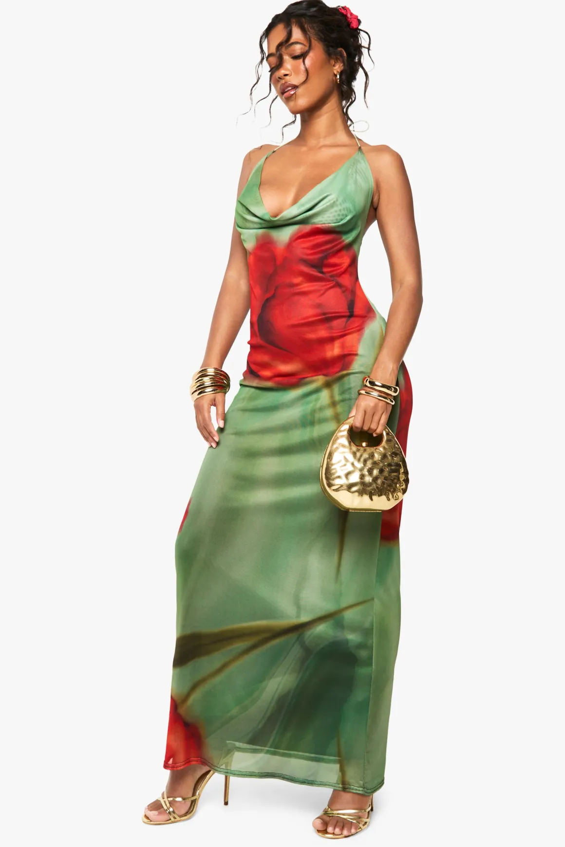 Robe maxi en mesh à imprimé floral et encolure drapée