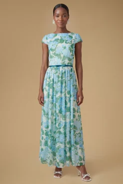 Robe Maxi En Mesh À Imprimé Hortensia Avec Manches Courtes