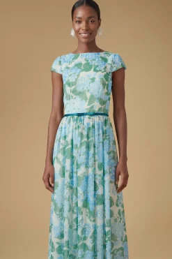 Robe Maxi En Mesh À Imprimé Hortensia Avec Manches Courtes