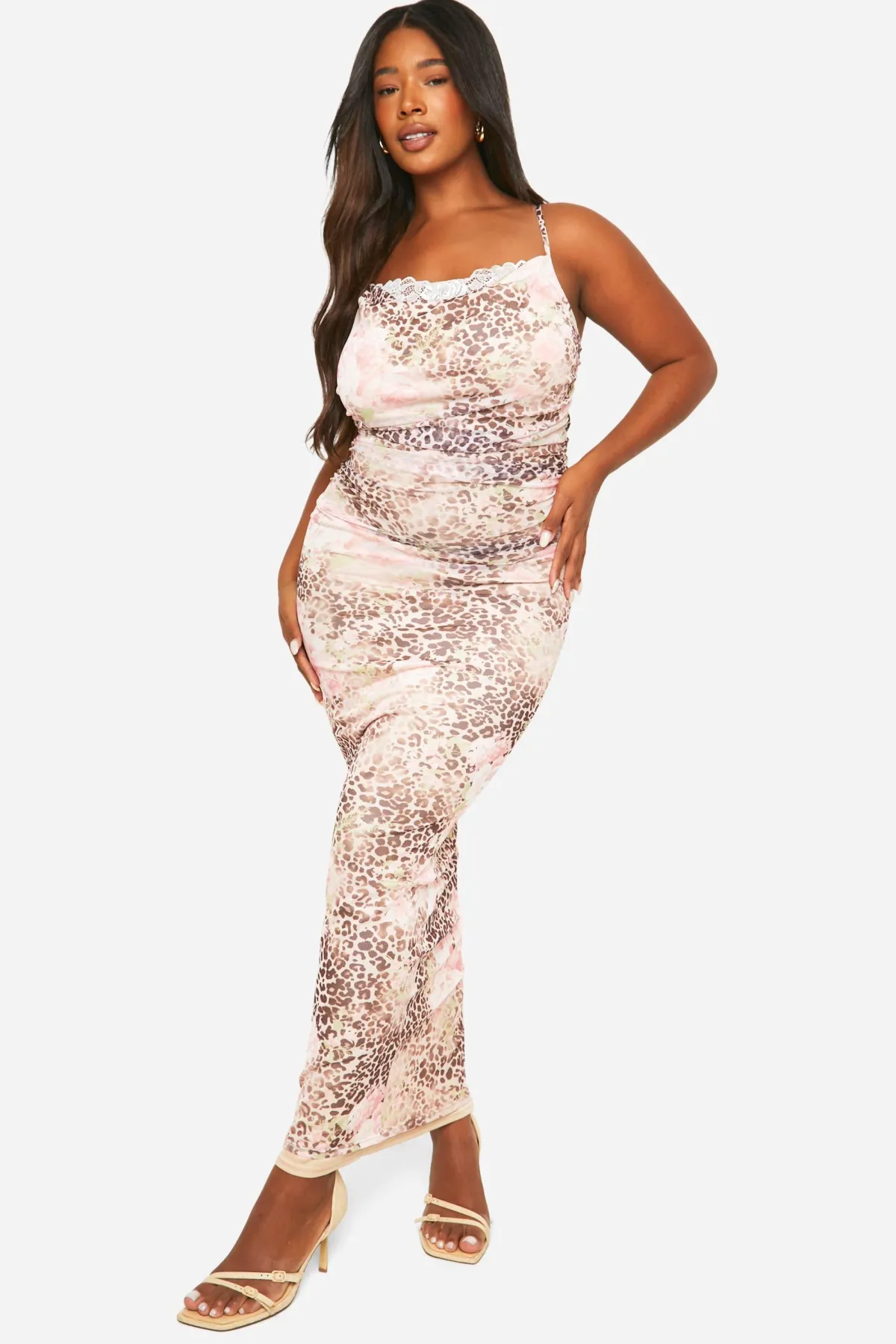 boohoo Robe Maxi en Mesh à Imprimé Léopard avec Détails en Dentelle<Femme Robes Moulantes|Satin Et Dentelle