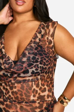 Robe maxi en mesh à imprimé léopard et encolure drapée