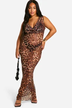 Robe maxi en mesh à imprimé léopard et encolure drapée