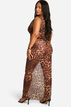 Robe maxi en mesh à imprimé léopard et encolure drapée