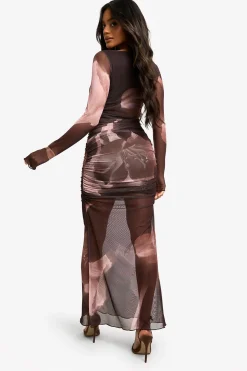 Robe Maxi en Mesh à Motif Floral et Détails Froncés