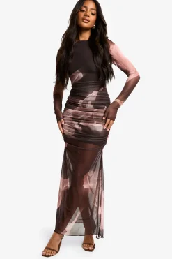 Robe Maxi en Mesh à Motif Floral et Détails Froncés
