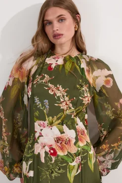 Robe Maxi en Mélange Viscose Georgette Satin à Motifs Floraux de Jardin
