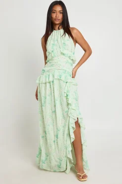 Robe Maxi En Mousseline À Col Licou Floral Avec Détails À Volants