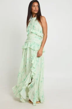 Robe Maxi En Mousseline À Col Licou Floral Avec Détails À Volants