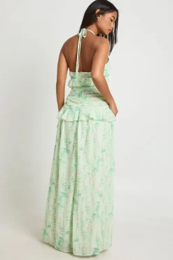 Robe Maxi En Mousseline À Col Licou Floral Avec Détails À Volants