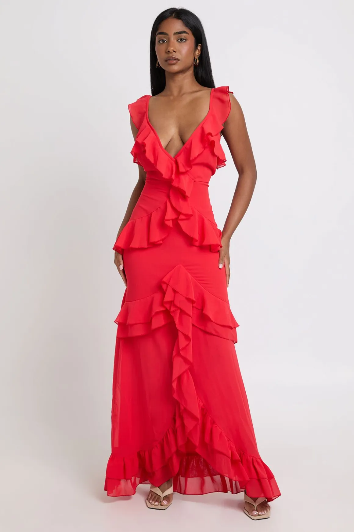 Robe Maxi En Mousseline À Détails De Volants Superposés