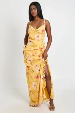 Robe Maxi En Mousseline Fleurie À Détails De Volants Superposés